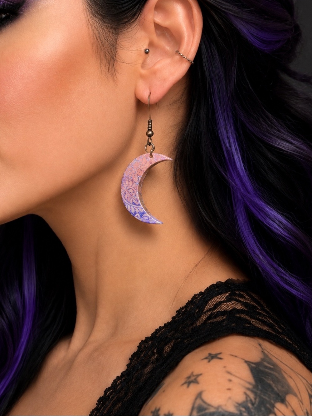 Hand Crafted Pink and Purple Crescent Moon Artisan Made Earrings